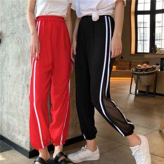 Striped Mesh Panel Cropped Sweatpants
