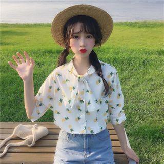 Pineapple Printed Elbow Sleeve Tie-neck Blouse As Shown In Figure - One Size