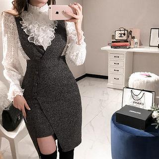 Deep V-neck Button-trim Jumper Dress