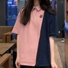 Short-sleeve Collar Embroidered Two-tone T-shirt
