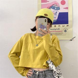 Long-sleeve Plain Cropped Pocket T-shirt