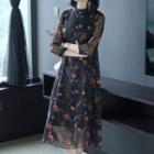 3/4-sleeve Flower Print Midi Chiffon Dress