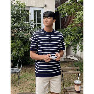 Crew-neck Stripe Knit Henley
