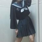 Long-sleeve Sailor Collared Top / Pleated Mini Skirt