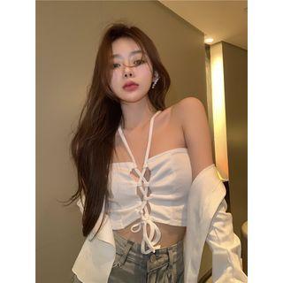 Plain Cardigan / Halter-neck Lace-up Crop Top