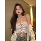 Plain Cardigan / Halter-neck Lace-up Crop Top