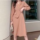 Mock Two-piece Asymmetric Belted Midi Blazer Dress