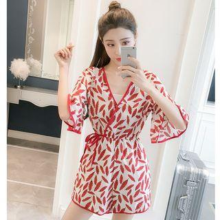 V-neck Leaf Print Elbow-sleeve Playsuit