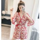 V-neck Leaf Print Elbow-sleeve Playsuit