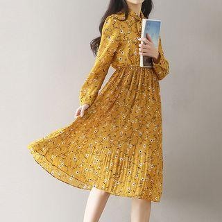 Long Sleeve Floral Print Midi Pleated Dress