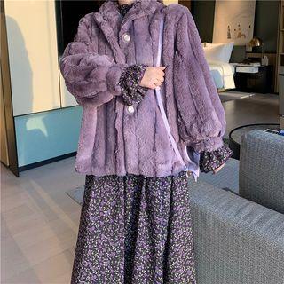 Faux-fur Loose-fit Coat / Floral Long-sleeve Dress