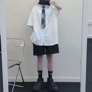 Elbow-sleeve Plain Shirt / Tie / Set