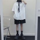 Elbow-sleeve Plain Shirt / Tie / Set