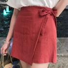 Band-waist Colored Linen Mini Wrap Skirt