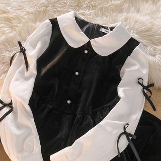 Long-sleeve Collared Velvet Panel Mini A-line Dress