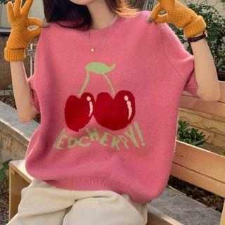 Elbow-sleeve Fruit Print Knit Top
