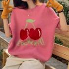Elbow-sleeve Fruit Print Knit Top