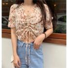 Floral Frilled Short-sleeve Cropped Top As Figure - One Size