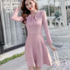 Lace-up Long-sleeve Knitted A-line Dress