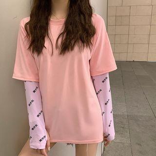 Plain Loose-fit Short-sleeve T-shirt / Lettering Long-sleeve Top