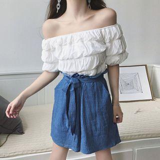 Off-shoulder Short-sleeve Top / High Waist Wide-leg Shorts
