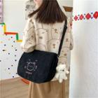 Bear Print Corduroy Messenger Bag / Bear Charm
