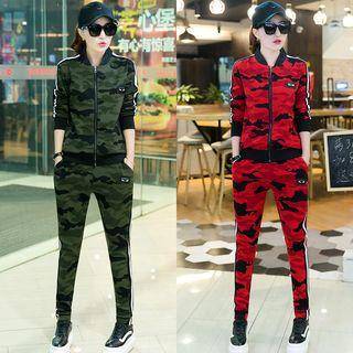 Set: Camouflage-print Zip Jacket + Camouflage-print Pants