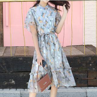 Short-sleeve Butterfly Print Midi Chiffon Dress