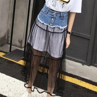 Denim Panel Mesh A-line Skirt
