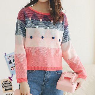 Pom Pom Detail Geometric Print Sweater