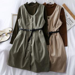 Set: Wool Sleeveless Shirtdress + Mock-neck Top With Belt