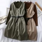 Set: Wool Sleeveless Shirtdress + Mock-neck Top With Belt
