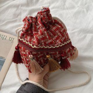 Patterned Tasseled Drawstring Bucket Bag