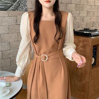 Long-sleeve Two-tone Tie-waist Midi Shift Dress