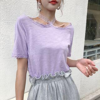 Plain Lace Convestable Short-sleeve T-shirt