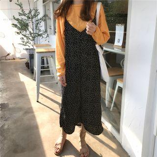 Plain Long-sleeve T-shirt / Strappy Midi Dress / Set