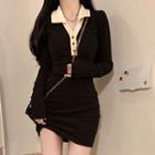 Long-sleeve Knit Mini Polo Shirt Dress