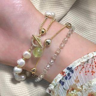 Set Of 2: Faux Pearl / Faux Crystal Bracelet 0758a - Set Of 2 - Bracelet - Pearl White & Gold - One Size