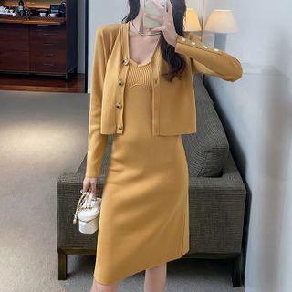 Set: Spaghetti Strap Knit Sheath Dress + Cropped Cardigan