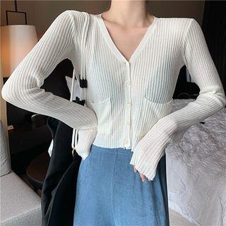 Long-sleeve Ribbed Cardigan / High-waist Plain Wide-leg Pants