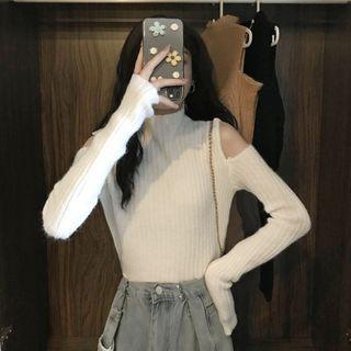High-neck Cold-shoulder Ribbed Knit Top