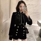 Long-sleeve Bow Accent Velvet Blouse / Double-breasted Shorts