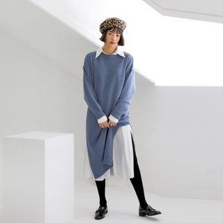 Slit-side Midi Knit Dress Beige - One Size