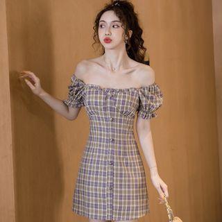 Shot-sleeve Plaid A-line Dress