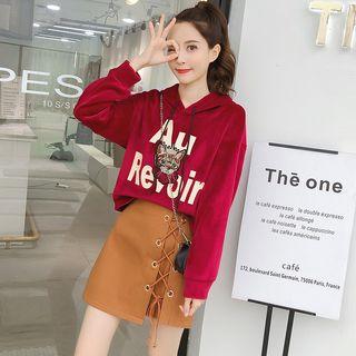 Set: Cat Applique Hoodie + Lace-up A-line Skirt