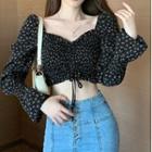 Long-sleeve Off-shoulder Floral Drawstring Chiffon Cropped Blouse Black - One Size
