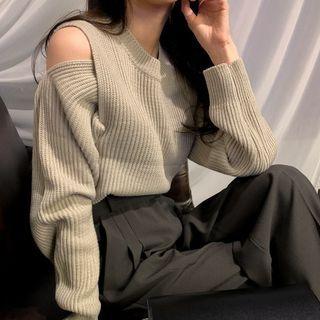 Long Sleeve Cold Shoulder Plain Ribbed Knit Sweater