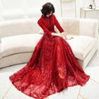 3/4 Sleeve Mock Neck Lace A-line Evening Gown