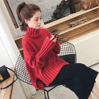 Set: Mock-turtleneck Sweater + Midi Knit Skirt
