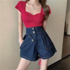 Deep V-neck Light Knit Top / High-waist Wide Shorts